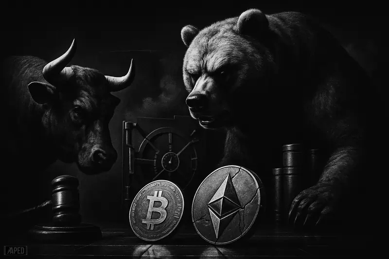 A grayscale bear dominates a tense market standoff as symbolic Bitcoin and Ether forms slide lower amid regulatory and geopolitical shadows.