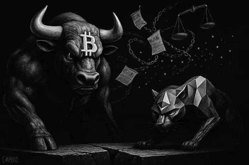 A grayscale bull and panther face mounting market pressure amid swirling derivatives symbols in a dark, data-grid trading arena.