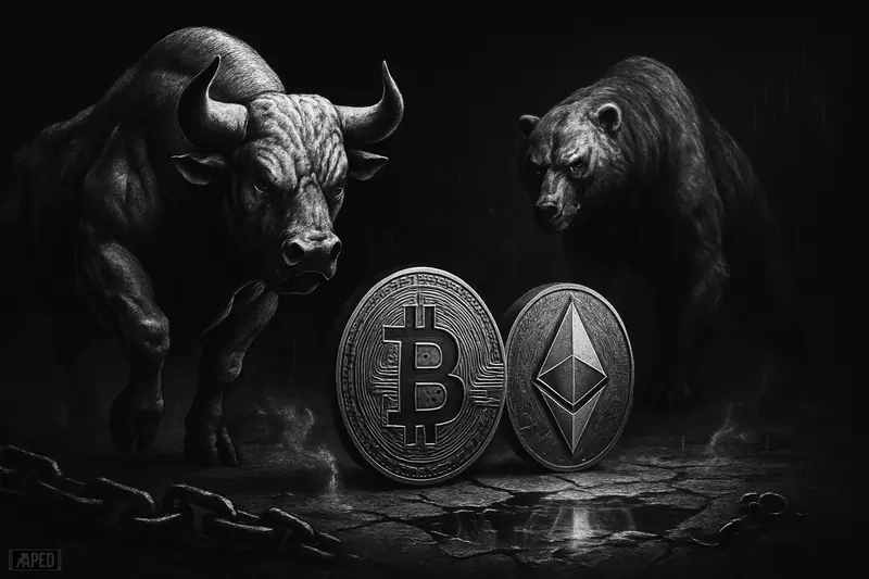 A tense bull advances as a shadowy bear recedes behind two metallic crypto symbols in a dark grayscale market scene.