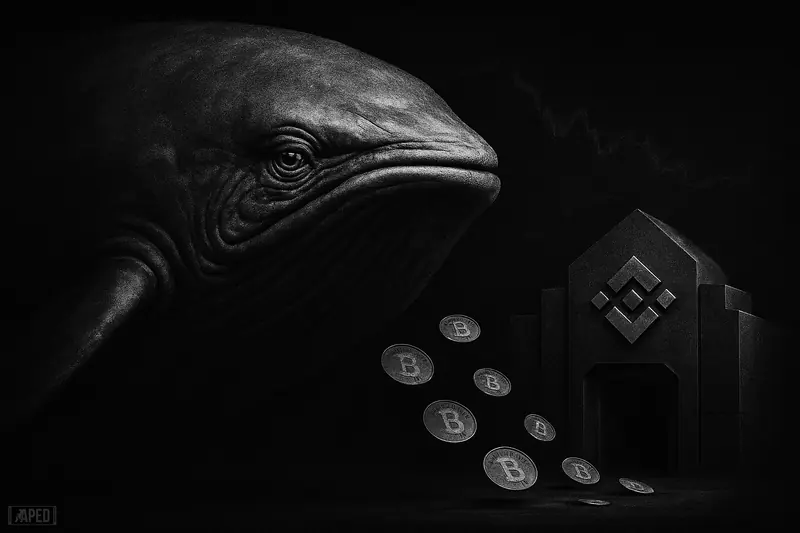 A giant grayscale whale hovers before a shadowy exchange vault as only a few coins drift inward against a dark data-grid backdrop.