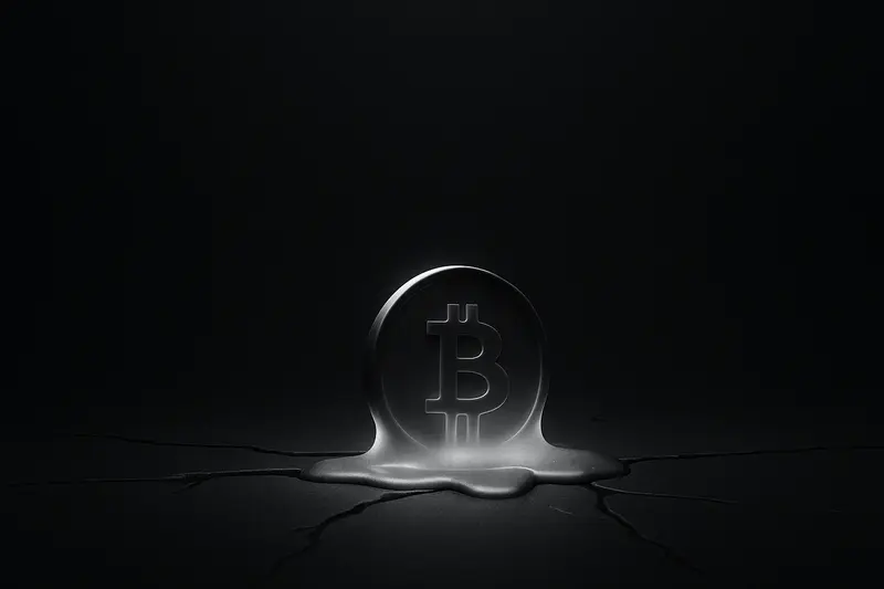A glowing gold coin sinks and melts into a cracked obsidian surface, with faint red candlestick streaks in the dark.