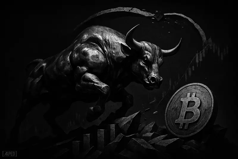 A powerful grayscale bull charges uphill through a dark market landscape, breaking a stone arch as support blocks hold beneath it.