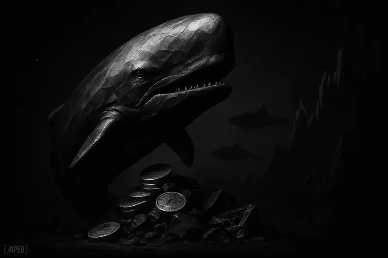 A giant grayscale whale dominates a dark financial scene, swallowing supply near broken mining equipment as smaller whales circle behind.