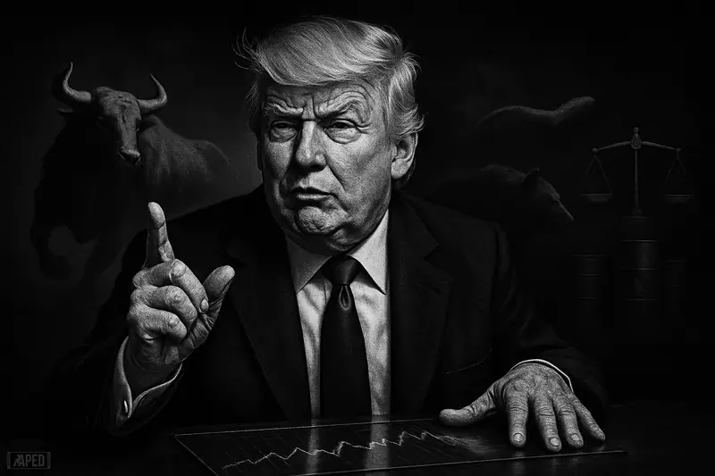 Donald Trump caricature at a trading desk, flanked by bull, bear, whale, and oil-market diplomacy symbols in a dark grayscale scene.