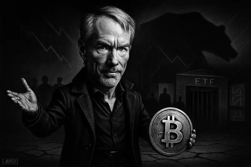 Michael Saylor caricature stands confidently on a cracked trading floor as dark market shadows and institutional forms close in behind him.