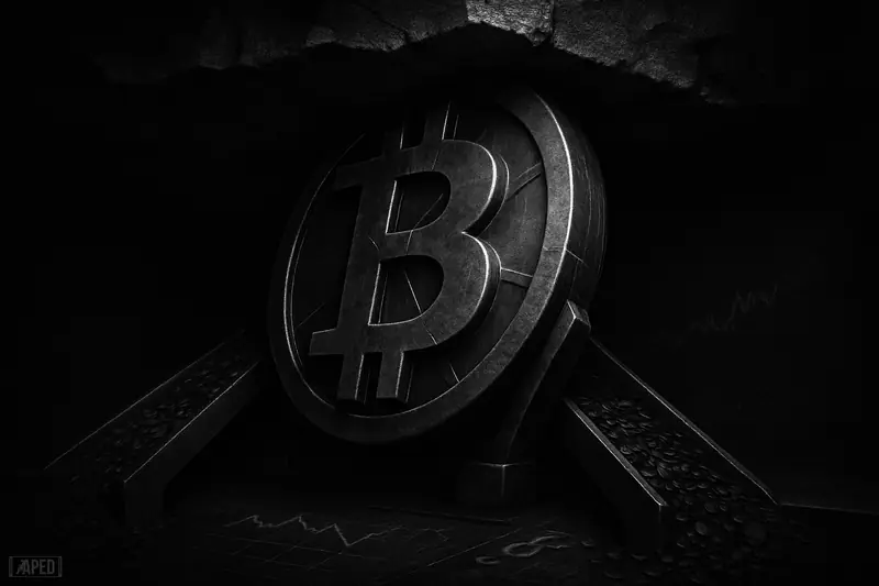 A giant bitcoin-like vault wheel pushes against a crushing ceiling as streams of coins pour into a dark exchange chamber.