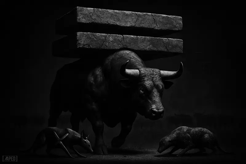 A grayscale bull halts under three heavy ceiling slabs while two smaller exhausted creatures crouch nearby in a dark market-themed scene.