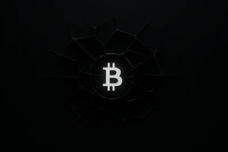 A glowing gold coin floats in darkness, partially obscured by a cracked neon grid casting a deep shadow.