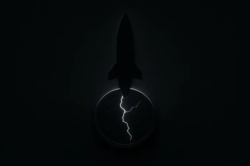 A glowing coin fractured with red cracks, partially covered by a sharp shadow on a dark, smoky background.