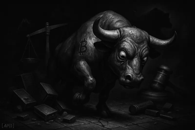 A mechanical bull stumbles amid broken AI machinery and legal symbols in a dark grayscale financial scene with a faint data grid.