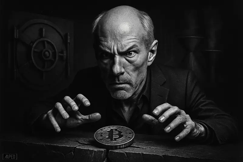 Michael Saylor caricature leans over a coin on a cracking ledge, surrounded by shadowy institutional demand symbols in a dark grayscale market scene.