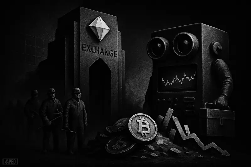 A grim exchange fortress and analytics machine watch bitcoin coins slide downward as miners hold a locked box and buyers fade away.