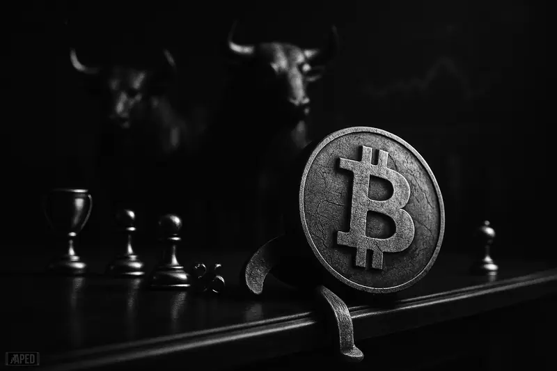 A battered bitcoin medallion slips from a grand table as looming bull figures dominate a dark, grayscale financial scene.