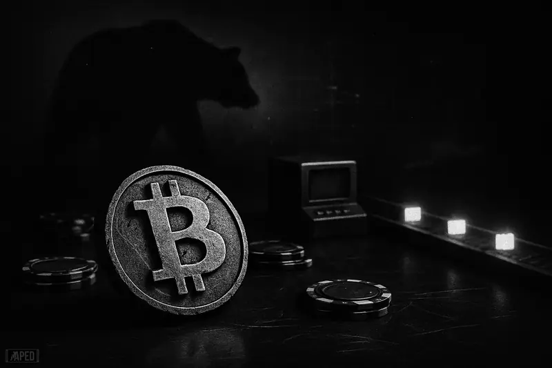 A worn bitcoin symbol sits in a quiet casino-like scene with sparse network machinery and ominous bearish shadows in monochrome grayscale.