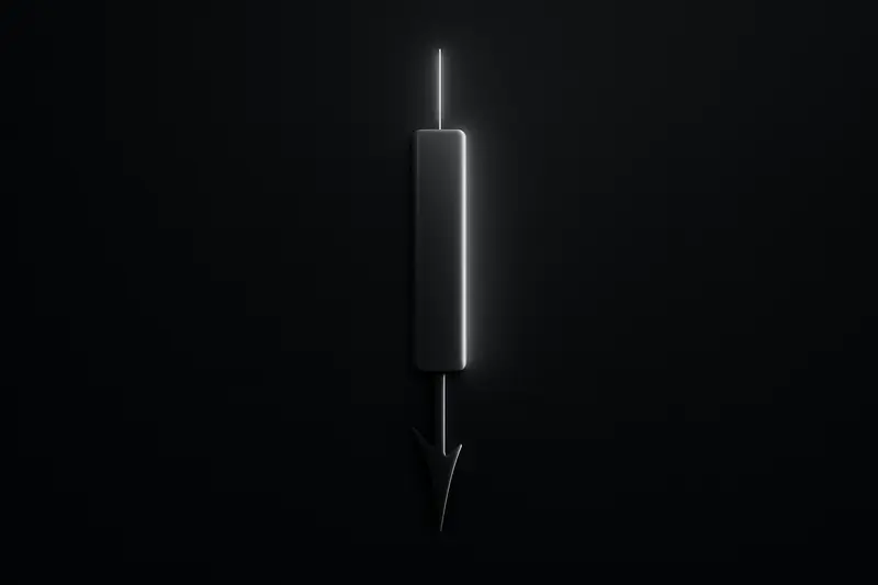 Single neon-green candlestick on a dark chart, featuring an unusually long downward wick piercing a faint price grid.