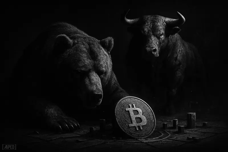 A massive exhausted bear collapses as a bull rises behind a buried Bitcoin relic in a dark monochrome market-bottom scene.
