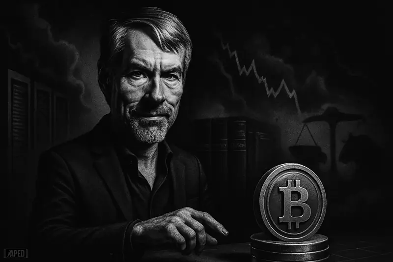 Michael Saylor in a dramatic grayscale caricature stands confidently before bearish market shadows and institutional Bitcoin-buy symbolism.