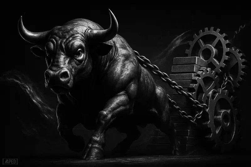 A grayscale bullish mechanical beast surges upward, pulling tense chains and trading machinery through a dark data-grid market scene.