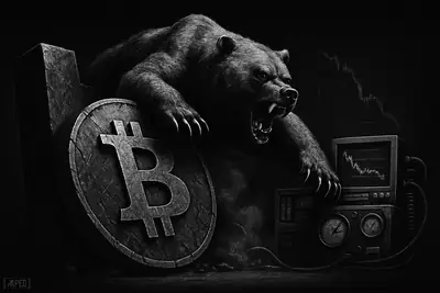 A snarling bear looms over a dented bitcoin object pinned against a resistance wall in a dark grayscale financial scene.