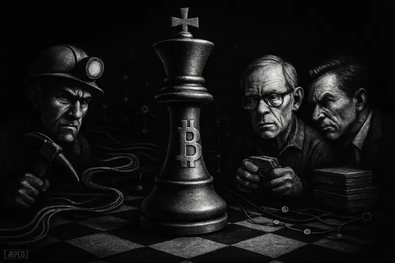 A dark grayscale chess-like market scene with miners, holders, and traders coordinating around a towering Bitcoin-inspired metallic centerpiece.