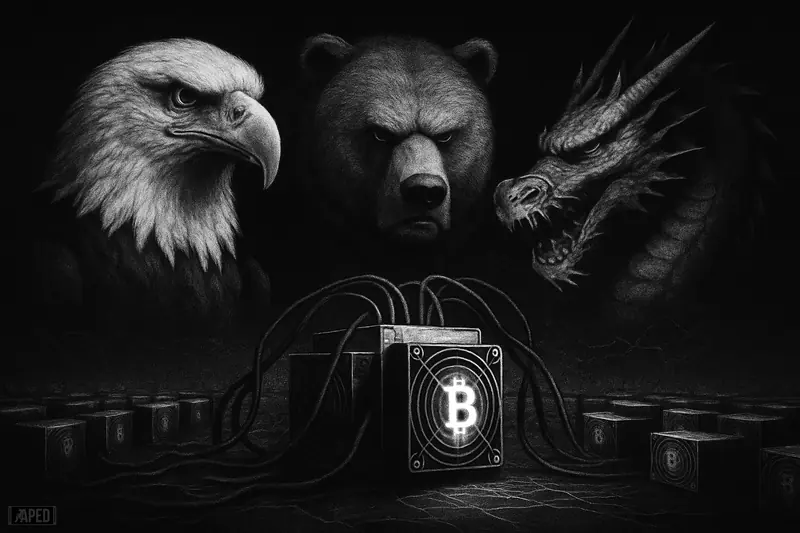 Three massive grayscale beasts—eagle, bear, and dragon—loom over Bitcoin mining rigs in a dark, data-grid landscape.