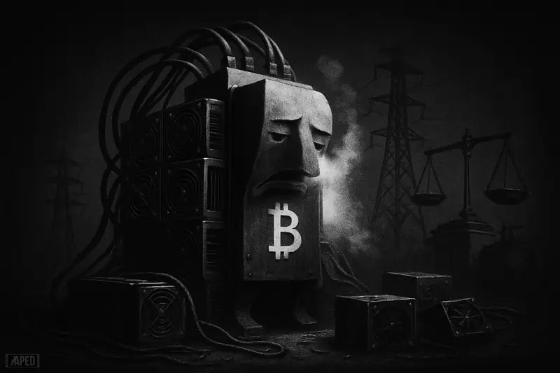 A grayscale mining machine made of ASIC rigs slumps under energy infrastructure, conveying weakened bitcoin hashrate and miner stress.