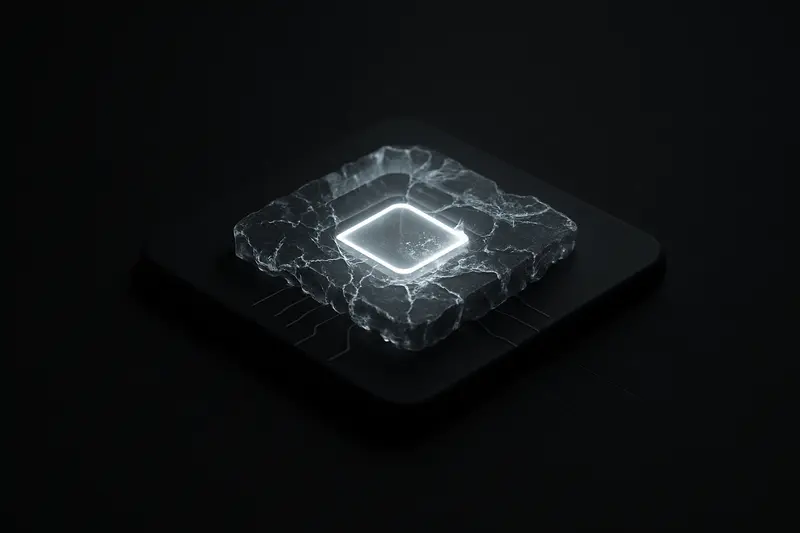 Glowing circuit lines forming a rising V-shape emerge from cracked ice shards on a dark, high-contrast background.