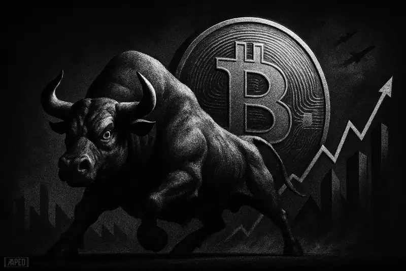A muscular charging bull surges before a giant bitcoin disk, with dark market structures and fading geopolitical shadows behind.