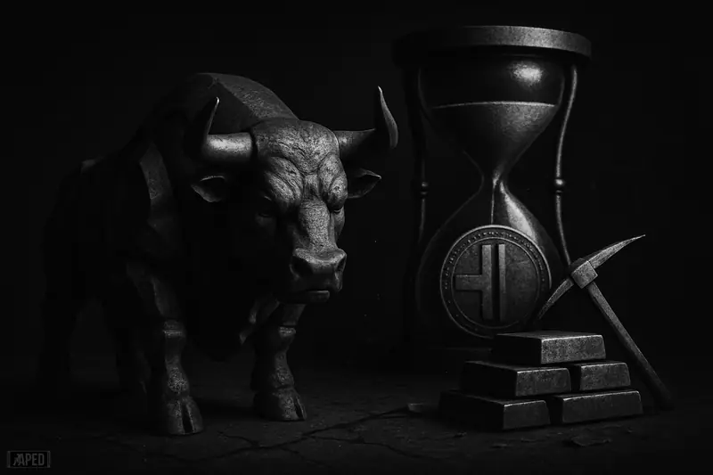 A grayscale industrial bull stands hesitantly beside mining machinery and a giant midpoint hourglass against a dark data-grid background.