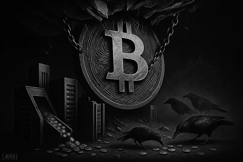 A giant bitcoin-like disc strains upward under chains while tokens flow into dark exchange chutes in a monochrome data-grid scene.