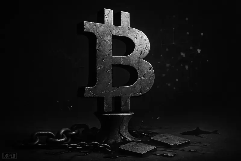 A giant metallic bitcoin symbol stands on a cracked pedestal in a dark grayscale scene, with fractured data shapes and ominous shadows suggesting hidden market stress.