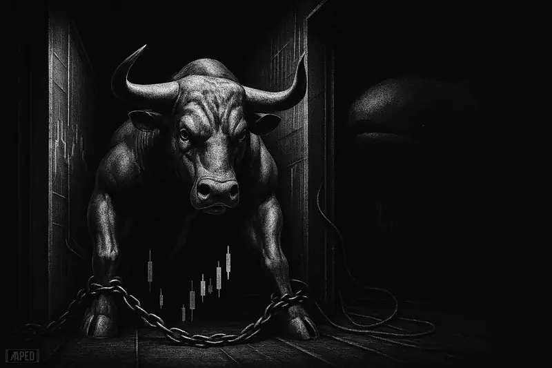 A metallic bull strains inside a narrow corridor while a shadowy whale hesitates nearby in a dark grayscale market scene.