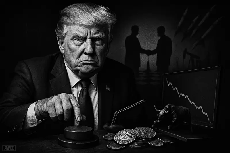 Trump caricature in dark suit holds a folder and hovers over a pause plunger as crypto tokens and tense market symbols surround him.