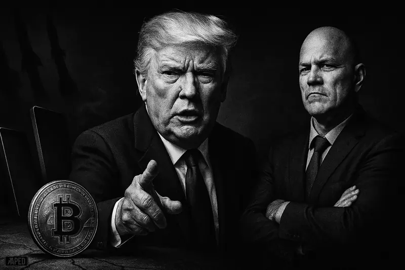 Trump, Scaramucci, and Novogratz stand around a steady Bitcoin symbol amid dark geopolitical tension and market shock in monochrome grayscale.