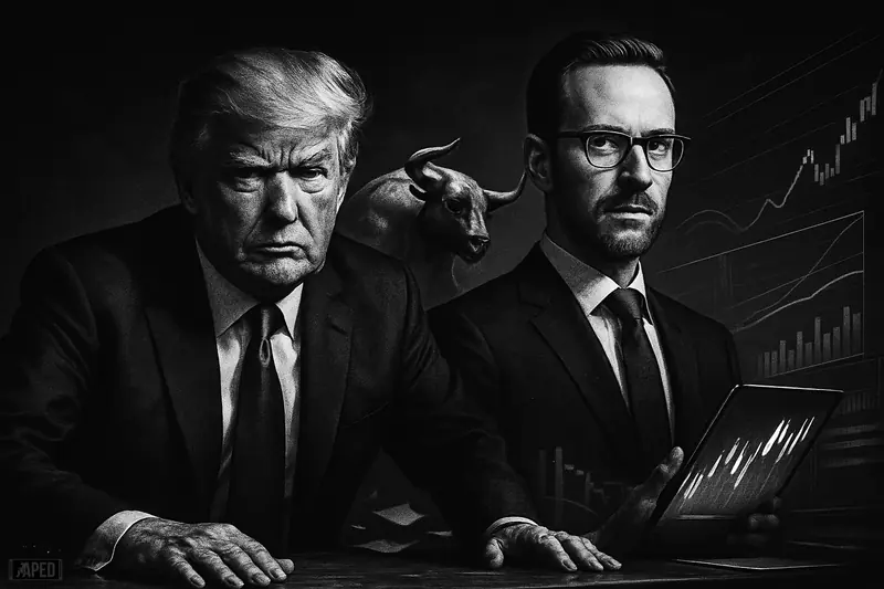 Trump and André Dragosch stand over a trading desk as a metallic bull surges upward in a dark grayscale financial scene.