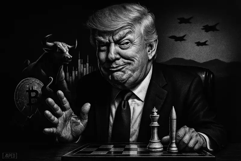 Trump caricature at a desk with chess pieces, a rising bull, and shadowy geopolitical elements in a dark grayscale financial scene.