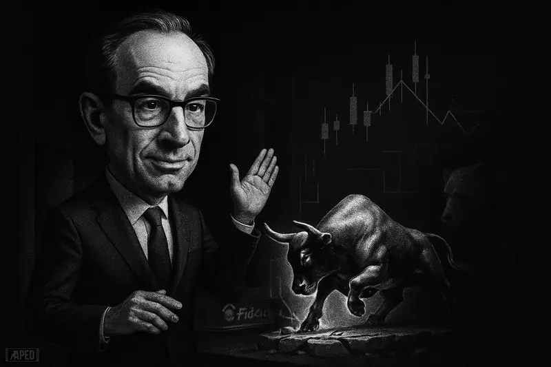 Caricature of Jurrien Timmer in a dark suit beside a rising metallic bull as a shadowy bear retreats against a black data-grid backdrop.