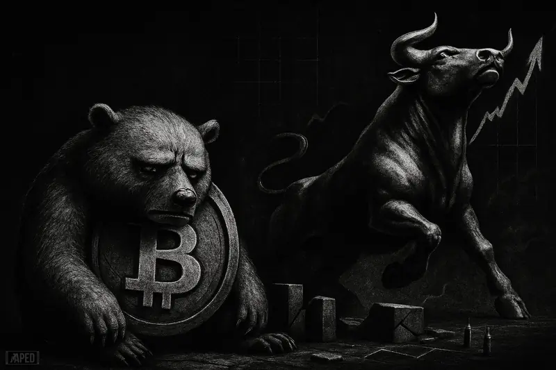 A slumped metallic Bitcoin creature faces a surging bull in a dark financial scene with grayscale cinematic lighting and a faint data grid.