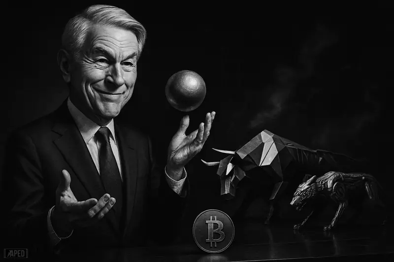 A silver-haired financier calmly faces two tense futuristic beasts, with steady Bitcoin symbolism in a dark grayscale market scene.