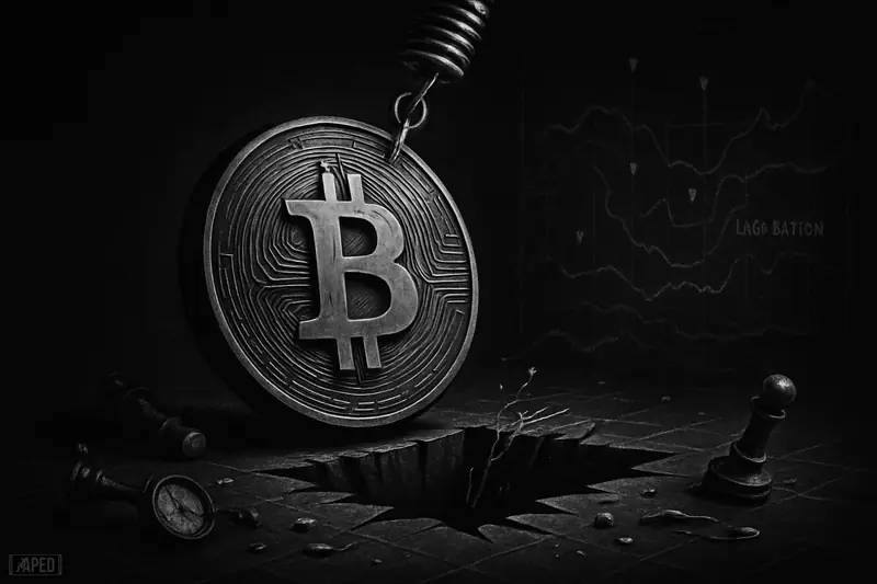 A metallic bitcoin-like disk wobbles over a trapdoor beneath a dark liquidation map, while an upward squeeze mechanism strains overhead.