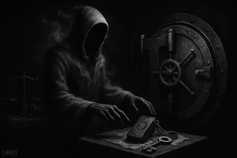 A faceless hooded figure stands by a vault and chained hardware wallet in a dark grayscale scene evoking Bitcoin mystery and self-custody.