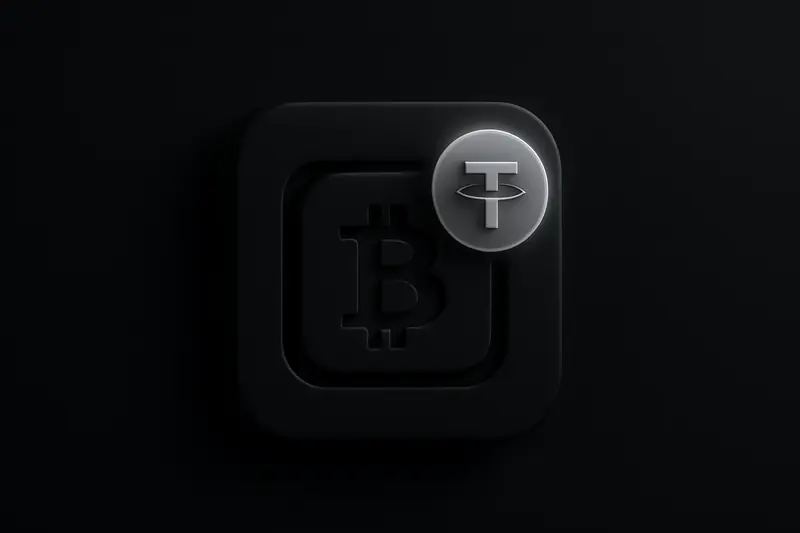 On a black background, a glowing orange coin is partially eclipsed by a pale ringed orb connected by thin chains.
