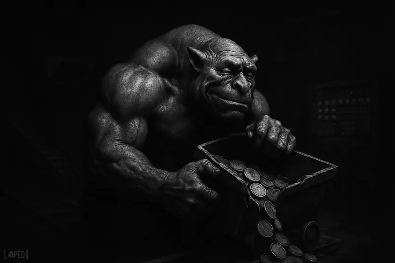 A hulking mining creature in a dark industrial tunnel holds back a dwindling stream of digital coins under moody black-and-white lighting.