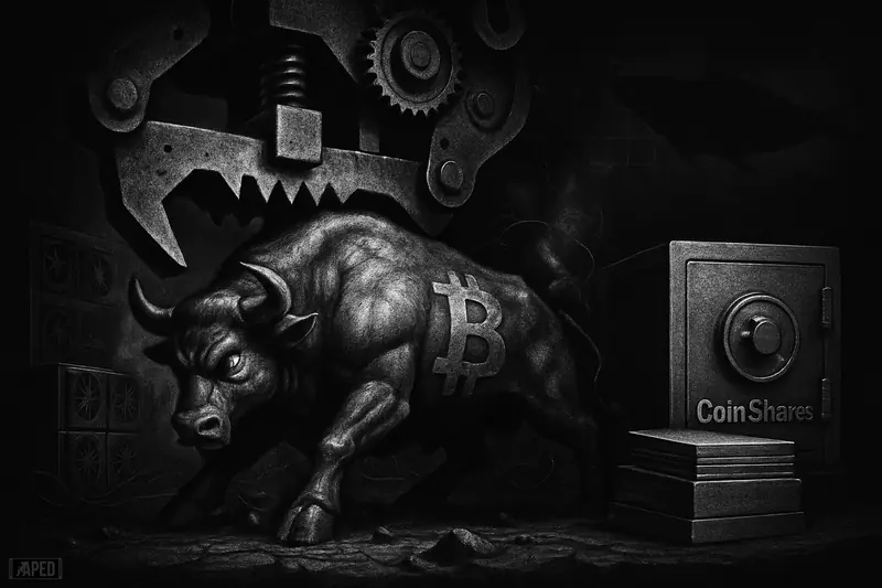 A strained mining machine-beast is crushed by steel pressure amid dark server racks, evoking Bitcoin miners facing severe profit stress.