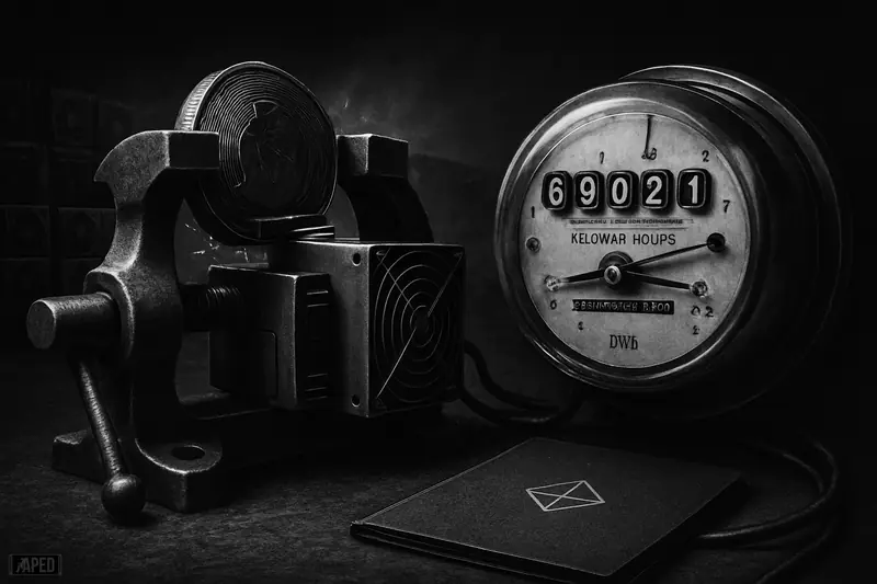 A steel vise crushes a crypto coin and mining rig beside a stressed power meter, with many silent miners in a dark warehouse.