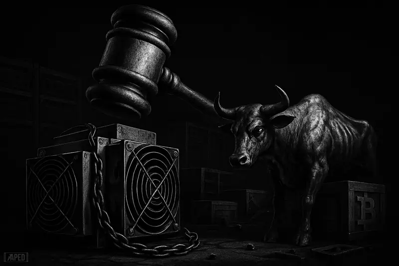 A burdened mining machine under a giant gavel, with dark server racks and industrial debris in a stark grayscale scene.
