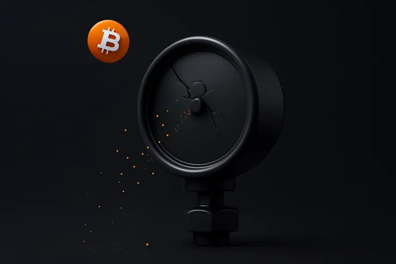 Cracked metallic pressure gauge on a dark background, needle dropping as faint orange particles and grid lines fade outward.