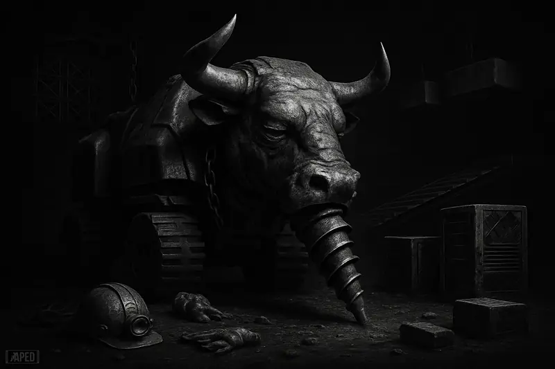 A weary giant mining machine in a dark tunnel appears relieved as industrial equipment and block-shaped forms suggest easing pressure on bitcoin miners.