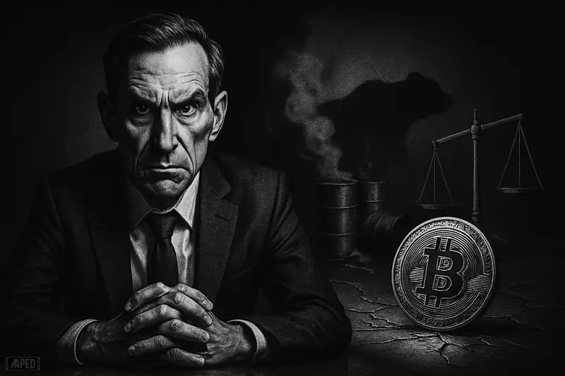 James Lavish sits tensely at a trading desk as oil barrels, smoke, a bitcoin token, and bearish market symbols surround him in grayscale.