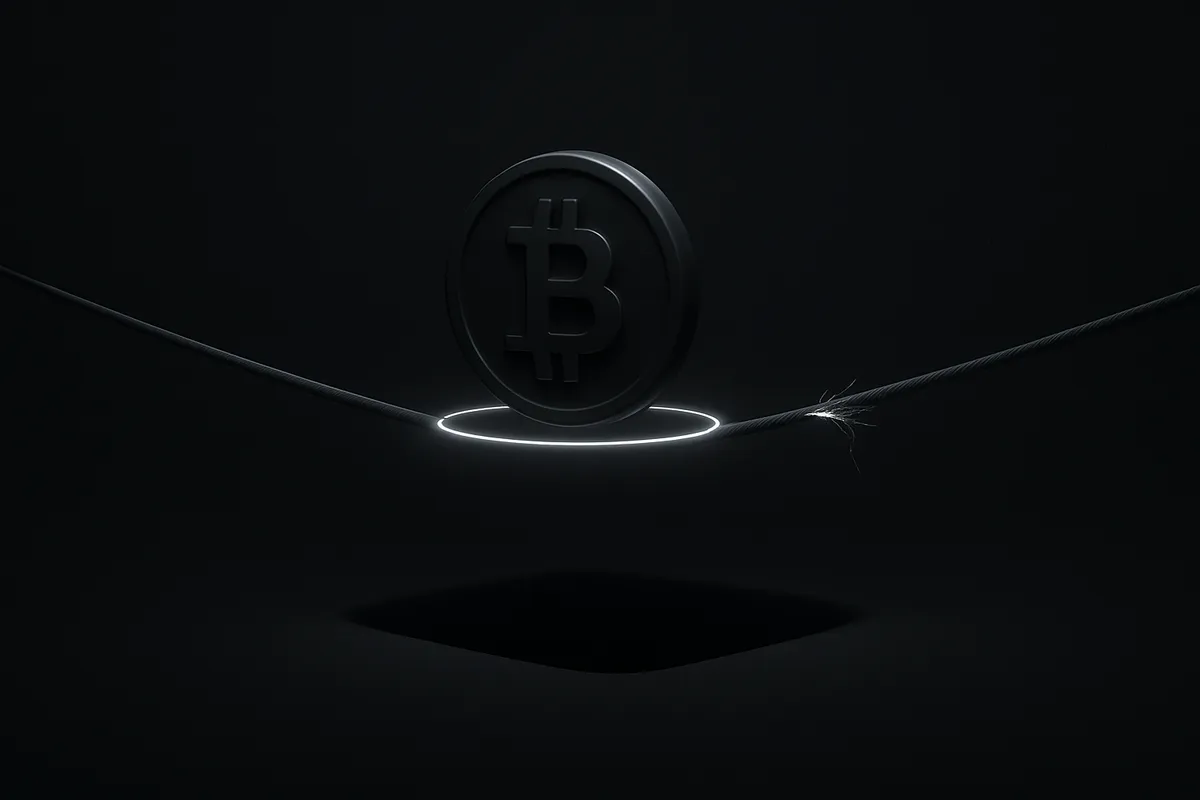 A lone glowing coin-like disc balancing on a thin neon ring above a deep black chasm, with faint gridlines below.